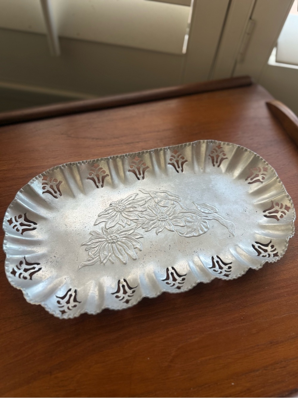 Vintage Decorative Silver Metal Serving Tray with Floral Embossed Design